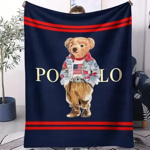 Retro Polo Teddy Bear Letter Print Blanket, Letter Pattern Blanket, Suitable For Sofas, Camping, Outdoor, And Travel Airplane Covers For Teenagers, Boys, And Girls, Perfect For Birthday Gifts