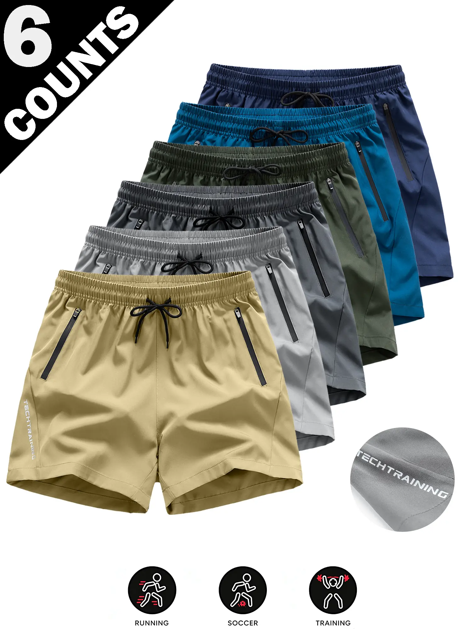 Men's Athleisure Shorts 6-Pack, Solid Loose Fit Sporty Chic Outdoor Shorts in an Anti-Wrinkle Polyester Blend with a Drawstring Waist, Outdoor Casual Shorts