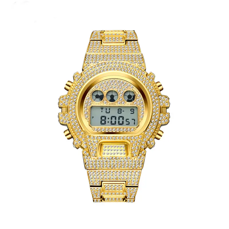 MaxBling81 Men's Hip Hop Iced Gold Digital Quartz Wristwatch - Stainless Steel, Round Analog Face, Waterproof, Modern Fashionable Rhinestone Watch, Digital Quartz Watch, Rhinestone Watches