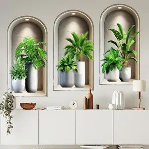3-piece set, Nordic green plant themed simulated arched window flower basin wall sticker, self-adhesive removable decorative sticker, suitable for wall decoration in living rooms, dining rooms, Vinyl Wall Stickers, Wall Art Stickers