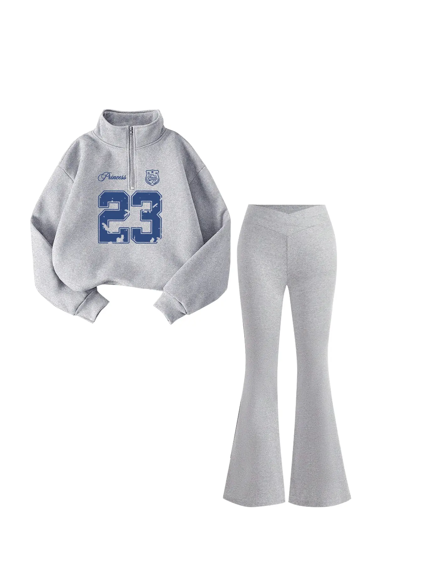 Autumn Winter New Fleece Lined Half-Zip Long Sleeve Loose Pullover Sweatshirt Set, High Waist Cross Kardashian Bootcut Skinny Pants