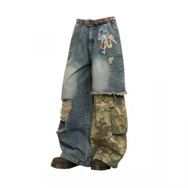 Retro Distressed Jeans with Camo Patchwork, Unisex High Waist Baggy Barrel Leg Pants in Soft Stretch Denim for Streetwear Fashion