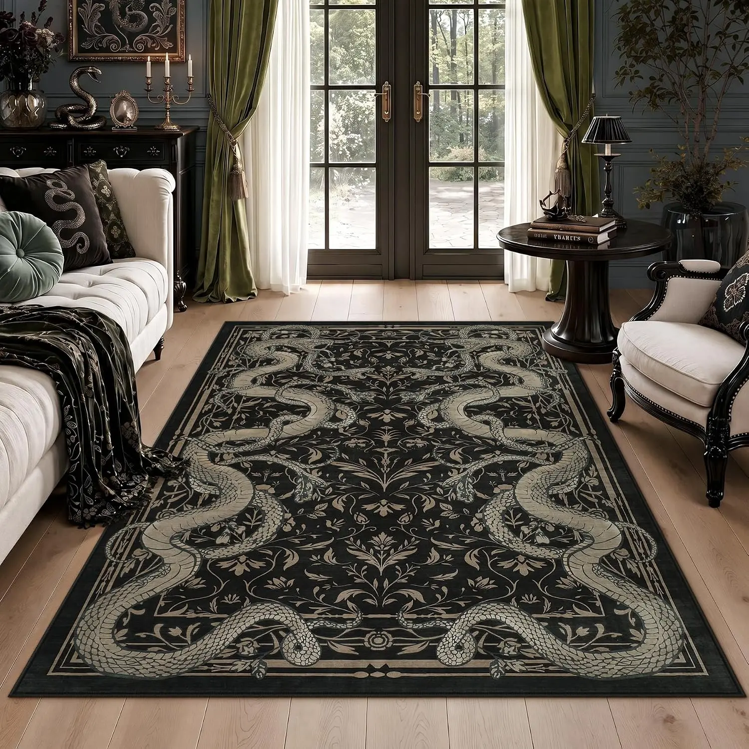 Tribesigns Washable 2x6  5x7 8x10 Snake Rug for Living Room, Low Pile Soft Black Gothic Area Rugs for Bedroom, Non Slip Stain Resistant Indoor Carpet for Dining Room Office Home Decor,Black/2x6  5x7 8x10