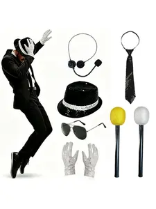1pc Party Costume Set, Disco Stage Performance, Music Festivals, Glitter Hat, Glasses, Gloves, Earphone, Microphone, Tie, Music King, Festival Accessories