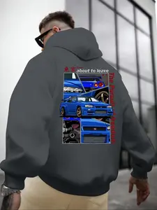 Men's Car Letter Print Hoodie, Loose Casual Graphic Hooded Sweatshirt for Daily Wear, Men's Clothes for Fall & Winter