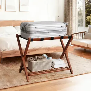 26.77" Folding Bamboo Walnut Luggage Rack with Storage Shelf, Heavy Duty Luggage Holder with 5 Nylon Straps for Bedroom Guest Room Hotel, 1 Pack with Gift Box Packaging