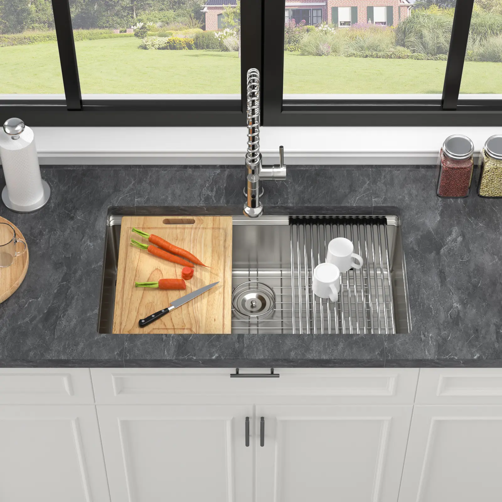 33-Inch Undermount Single Bowl Kitchen Sink with Workstation Ledge, 16-Gauge Stainless Steel, Brushed Nickel Finish, Includes Cutting Board, Colander, and Drying Rack
