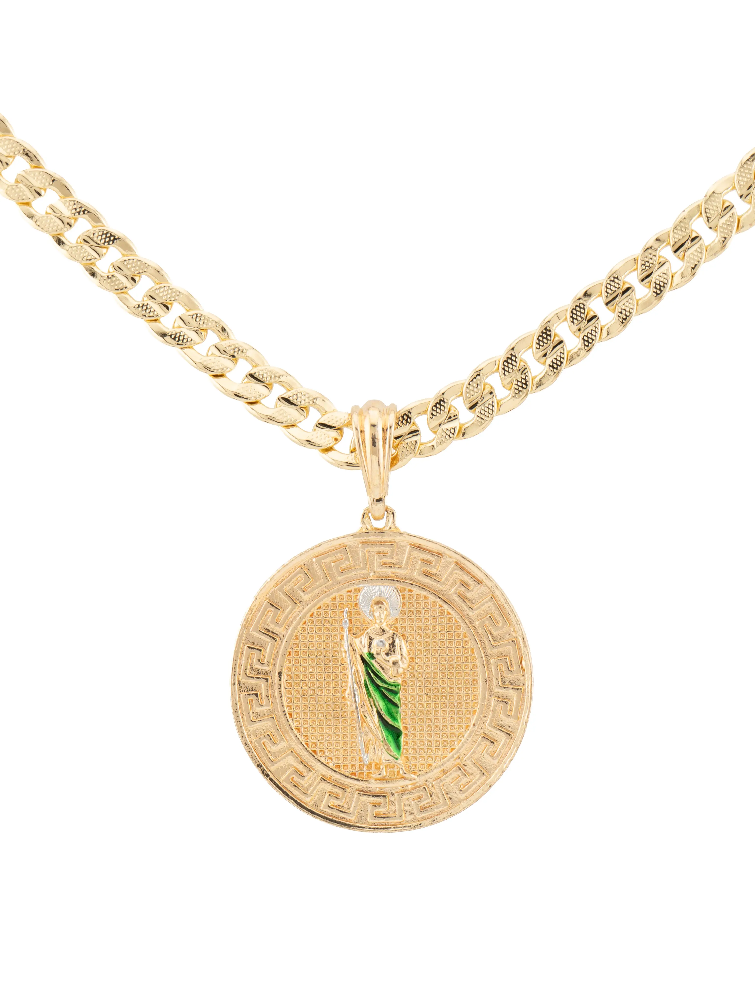 Large Saint Jude Thaddeus Faith Pendant, Gold-Plated Costume Jewelry, Includes 24-in Cuban Link Chain, Stylish Chain Jewelry Accessory, Stylish Accessories, Casual, San Judas, Bold Look, Daily, Unisex