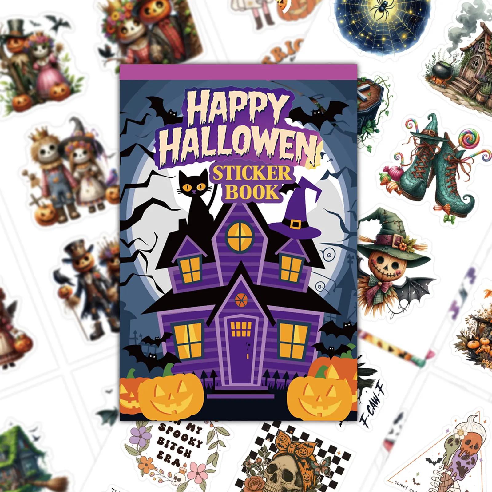 TikTokShopJumpstartSale 524 PCS 54 Sheets Halloween Pumpkin Sticker Book Fun Cute Vinyl Stickers for Scrapbooking DIY Crafts Kids Activity Party Favors Halloween Stickers for Trick or Treat Bags Classroom Activities Diy Decal Film
