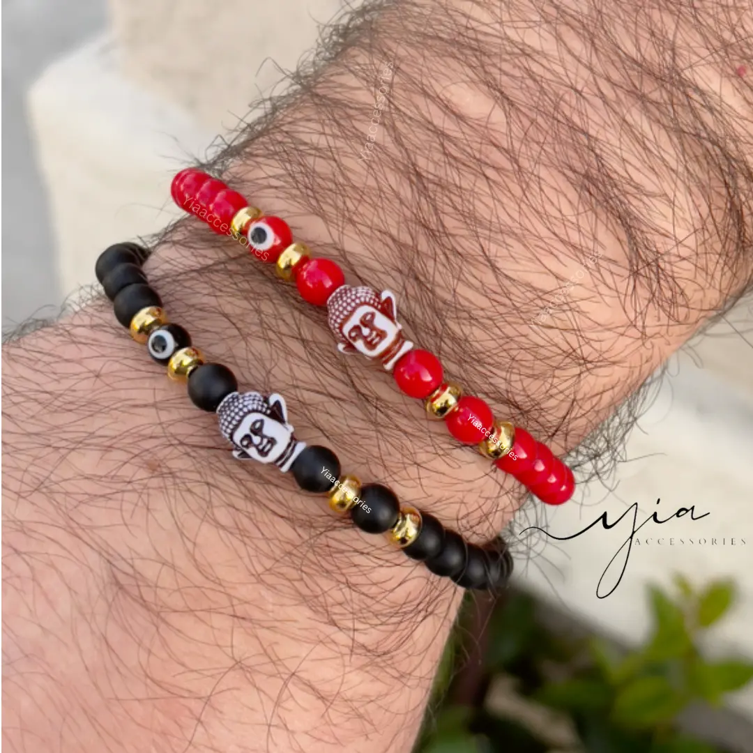 Gold Plated Bangle with Buddha & Evil Eye Charms, Unisex Buddhism Handmade Inspirational Bracelet with an Adjustable Beaded Design, Handmade Craft, All Occasions, String Bead, Casual