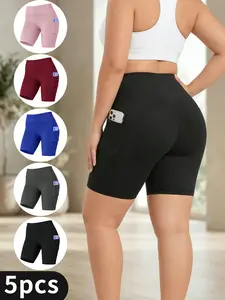 5Pcs Women'S High Waisted Yoga Shorts, Elastic Lifting Buttocks And Abdominal And Bodybuilding Safety Pants, Outdoor Sports Fitness Running Cycling Casual Pants, Elastic High Waist, Soft And Elastic Cycling Yoga Pants, Cycling Night Running Exercise