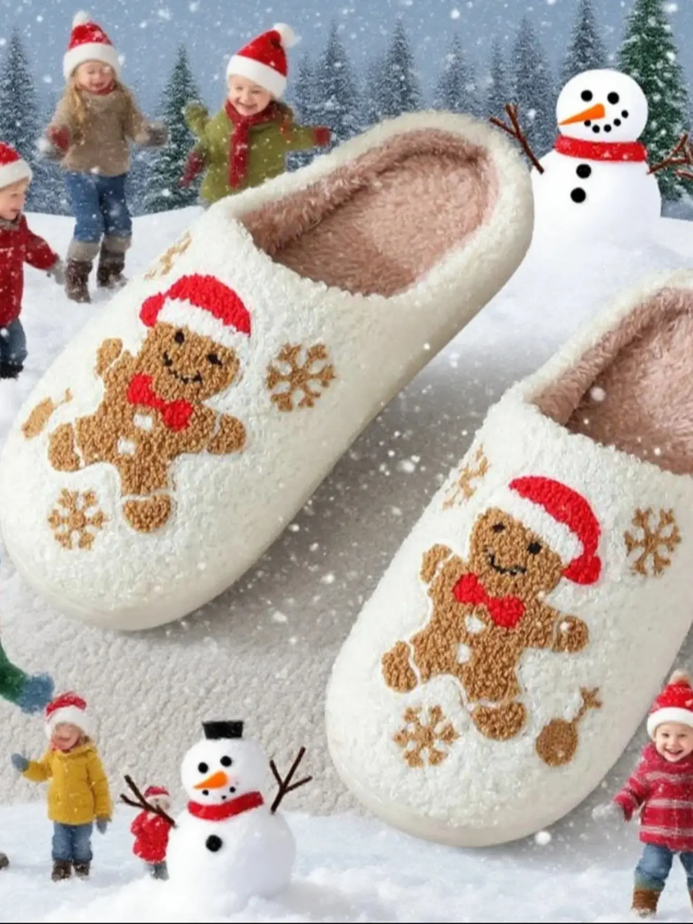 Autumn Winter Snowman Cookie Cartoon Thick Sole Non-Slip Plush Warm Slippers, Unisex Indoor Home Footwear, Soft Fluffy Footwear, Textile Upper, Tpr Sole