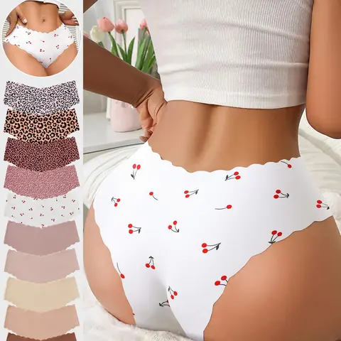 Women's Seamless Thong Panties Set, Slim-Fitting Breathable Underwear, Leopard & Plain Patterns, Ideal for Yoga & Daily Wear