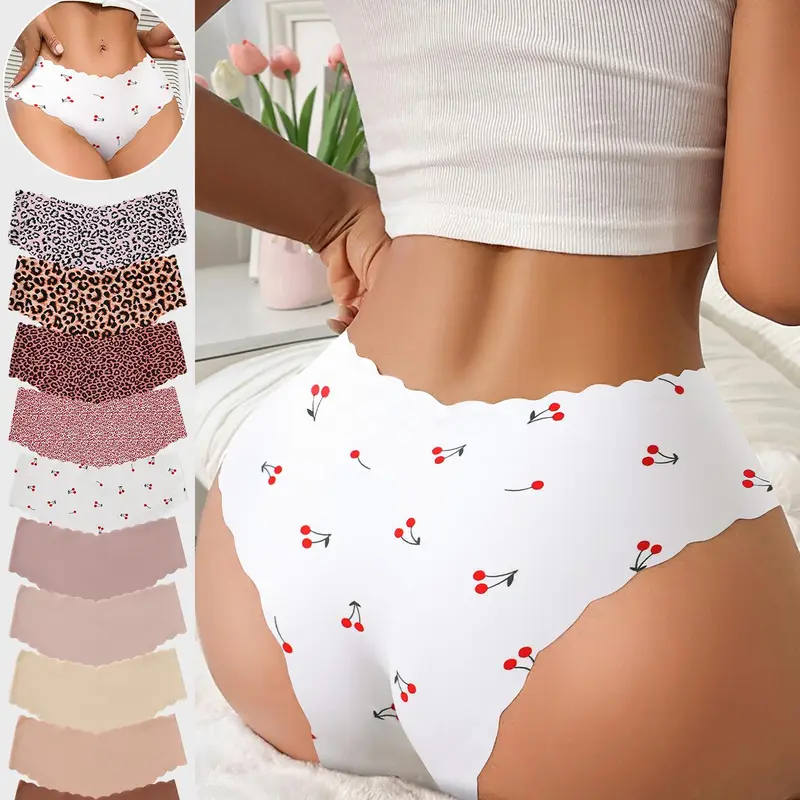 Women's Seamless Thong Panties Set, Slim-Fitting Breathable Underwear, Leopard & Plain Patterns, Ideal for Yoga & Daily Wear