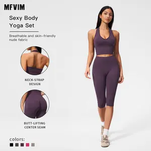 MFVIM Women’s Bare-Feel Skin-Friendly Halter Fitness Set — High-Stretch Waist-Cinching Crop Top for Tummy Control and Butt Lift, 7/8 Tight Yoga Two-Piece Set