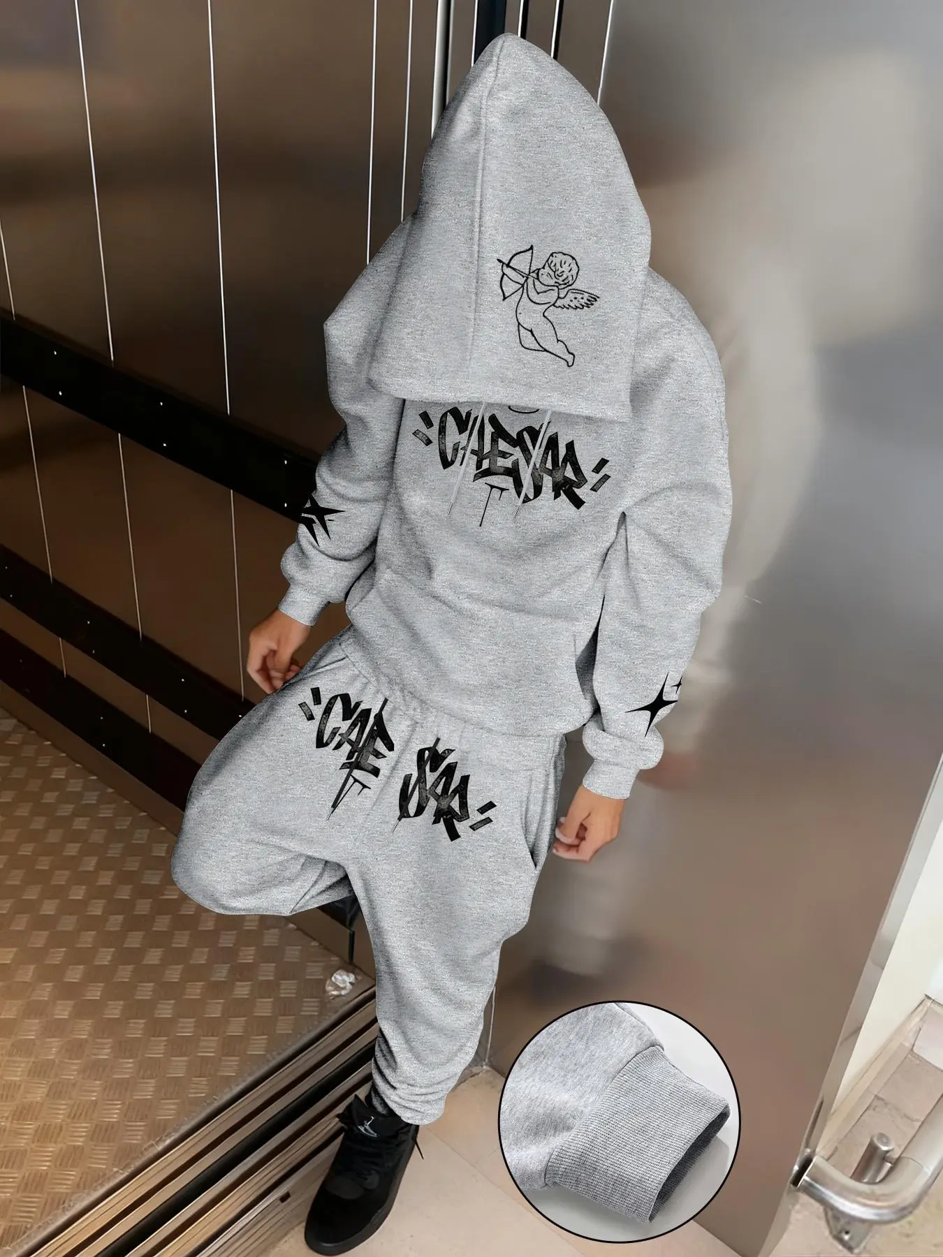Men's Dark Style Print Hoodie Set, Street Trendsetter, Unified Look, Visual Impact, Casual Fall & Winter Fashion