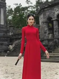 Ao dai tron đỏ đậm và đỏ cam (red) square neckline - Vietnamese Traditional Ao Dai for Women solid color with same color pants -ready to ship
