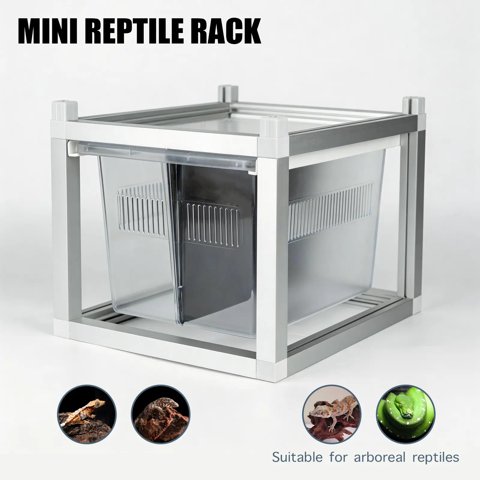 Aluminum Rectangle Stackable Reptile Rack with Base - 13x10x8 in Reptile Room Terrarium, Smooth Sliding Drawer Bin System with Removable Divider, Ventilated Lid, Modular Gecko Breeding Enclosure (Expandable up to 6 Levels)