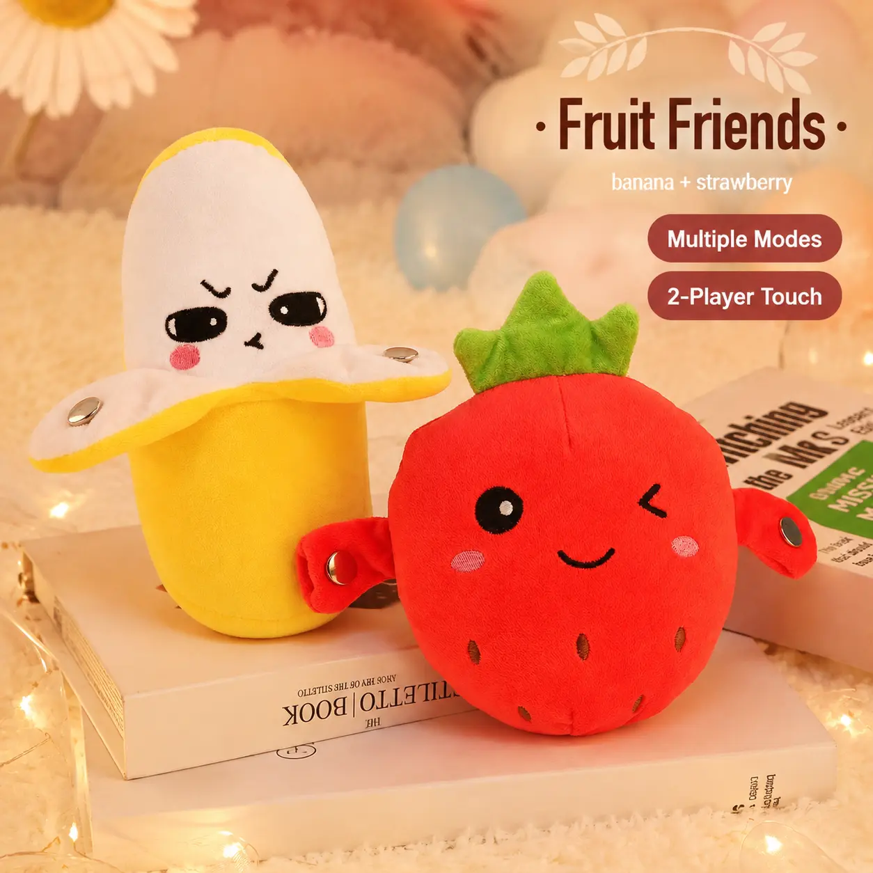 Interactive Touch-Sensing Stress Reliever Plush Toy, 2-Player Fruit Shapes Toy with Multiple Sound Modes, Plush Fabric Strawberry/Banana, Kids Ages 3+ Gift