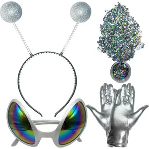 L-JLY008   Alien Headband, Alien Costume for Adult Women and Kids, Halloween Accessories: Glasses, Gloves, Holographic Glitter