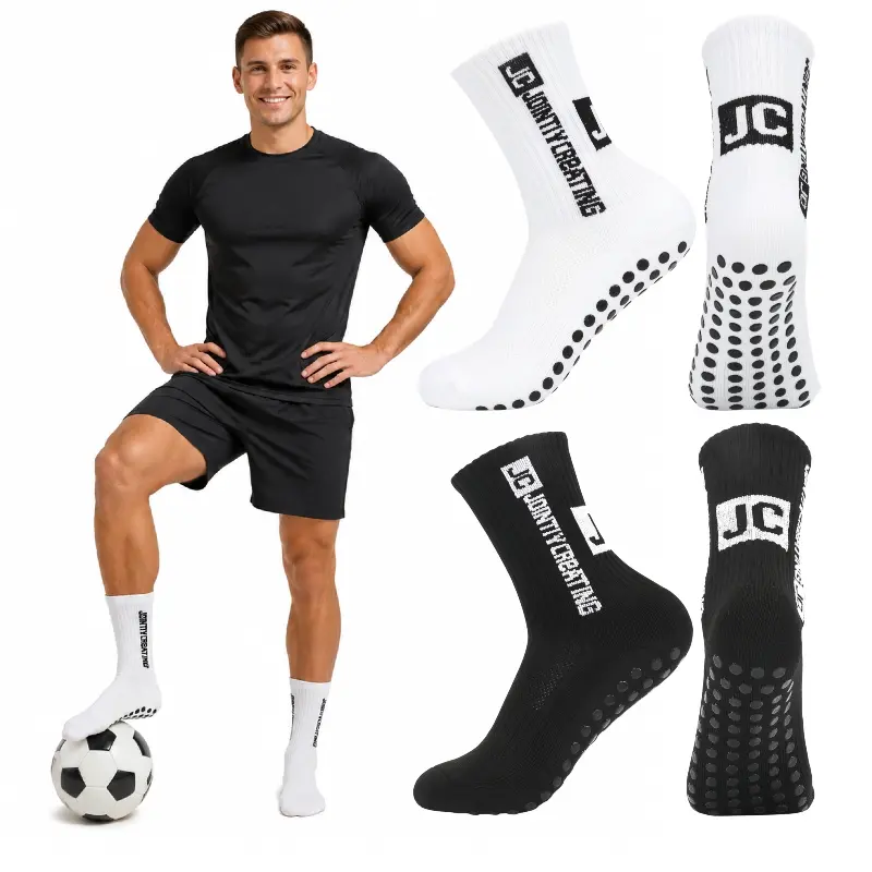 Men JC Logo Anti Slip Grip Soccer Socks, Non Slip Rubber Pads Mid Calf Football Training Socks, Breathable Athletic Sports Socks for Soccer Basketball Cycling Hiking