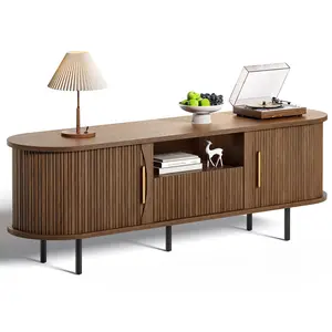 SIKAIC 63in Fluted Walnut Brown Wood TV Stand - Minimalist Modern Entertainment Console Cabinet, Indoor Furniture with Curved Sliding Tambour Doors, Minimalist Tv Stand
