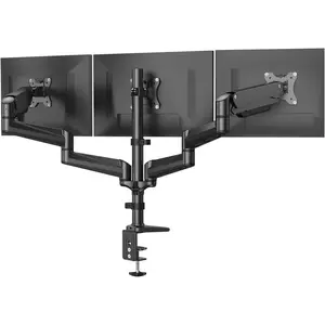 HUANUO Triple Monitor Mount, designed for 17 to 32-inch screens, features adjustable height, swivel, tilt, and rotation, comes with both clamp and grommet installation kits, perfect for gaming setups.