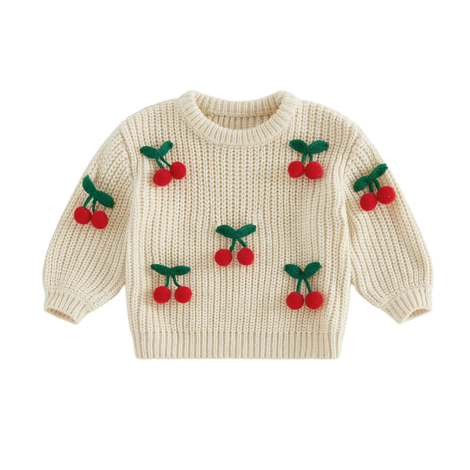 Toddler Baby Girls Chunky Sweater Casual Sweet 3D Cherry Crew Neck Infant Pullover Knitwear for Toddler Warm Clothes