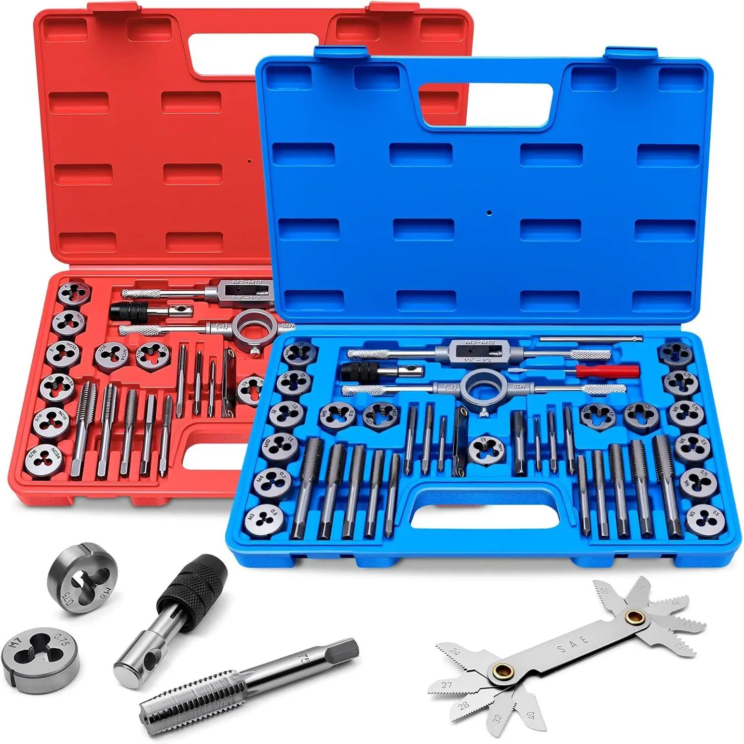 80 PCS Tap and Die Hand Tool Kit Set - SAE & Metric High Precision Threading Hardware Kit with Adjustable Wrenches, Die Stock Holder, Thread Gauge for Internal/External Threads, Automotive Repair, Mechanical Maintenance