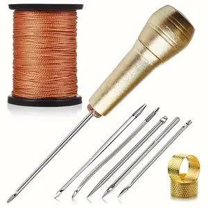6pcs Canvas Leather Sewing Awl Needle Set, Sewing Tools, Includes Alloy Handle & 1968.5 Inch Nylon Cord, Perfect for Handmade Leather Repairs