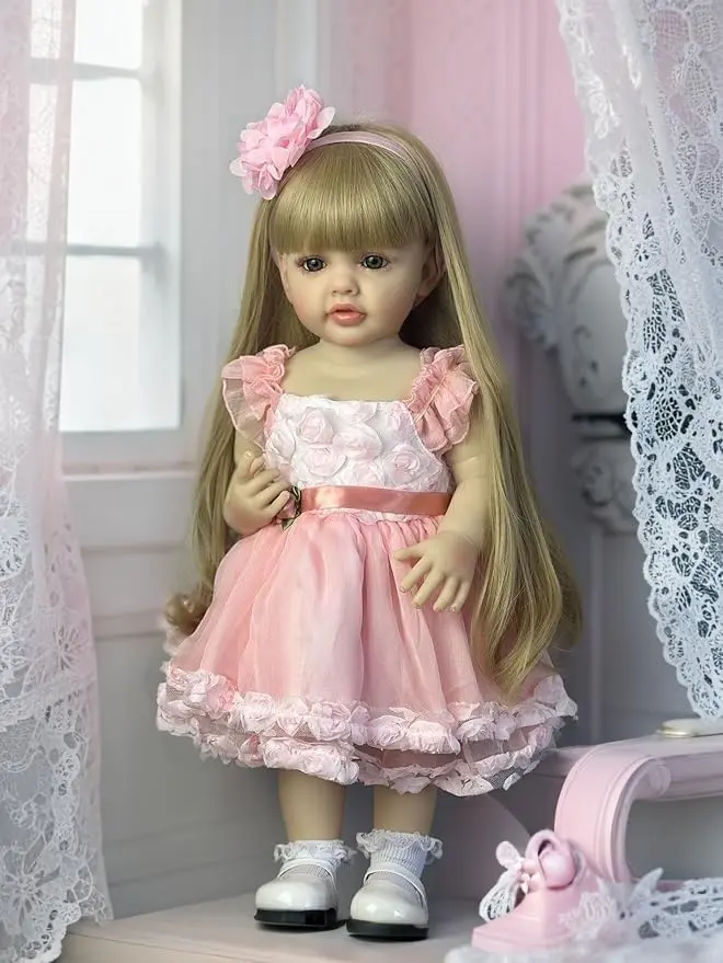 22-Inch Full Vinyl Lifelike Reborn Newborn Baby Doll - Blonde Hair, Blue Eyes Girl Figure, Gauze Skirt, Cute Clothes, Dress Up Option, Collectible for Kids, Ideal Birthday Gift, Cute Clothes Dolls, Dress Up Dolls