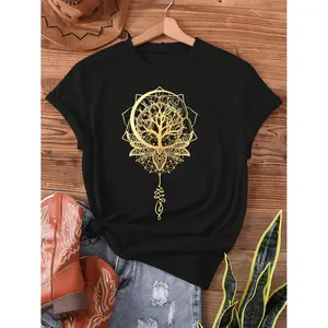 Women's Buddhist Meditation T-Shirt - Semi-Sheer Short Sleeve Top with Lotus Mandala Circle Print, Spiritual Zen Buddhist for - Casual Wear