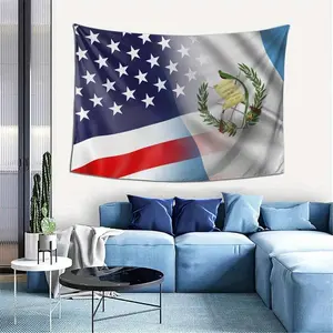 Guatemala & USA Flag Tapestry Wall Hanging Art - 60x40 in Horizontal Peach Light Beige Fabric, for Bedroom, Living Room Decor, Boyfriend Gift