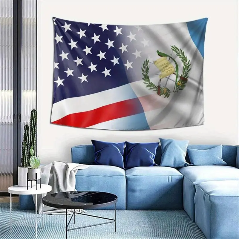 Guatemala & USA Country Flag Print Tapestry Wall Hanging - 60x40in Durable Decorative Tapestry, Horizontal Peach Light Beige Patriotic Home Decor for Bedroom