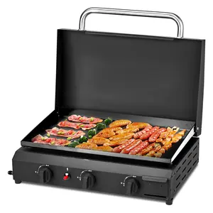 3-Burner Flat Top Gas Griddle Cooking Station with Ceramic Coated Cast Iron Pan, 30,000 BTU LPG-Fuelled Grill Stove for Outdoor Backyard Barbecue party bbq