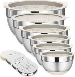 Mixing Bowls with Lids Set, 6 Piece Stainless Steel Nesting Storage Bowls for Kitchen, with 3 Grater Attachments & Non-Slip Bottoms