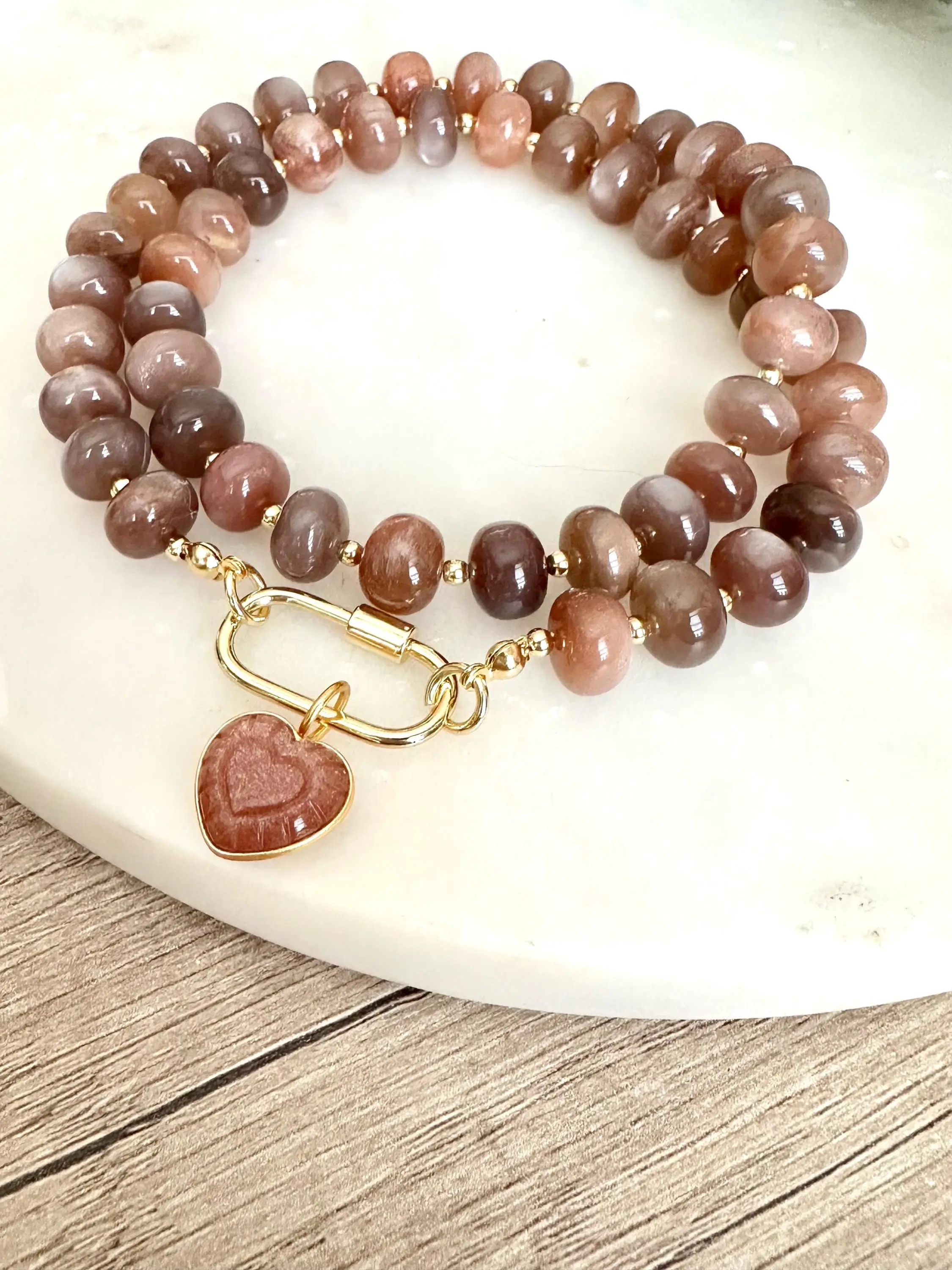 Chocolate Moonstone Beaded Necklace Heart Pendant Chunky Necklaces -Gift-Wedding-Bridesmaid