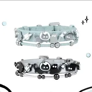 Y2K Cute Night Owl Cat Bracelet Sweet Cool Kitten Leather Bangle for Women Girls Unique Playful Jewelry Gift