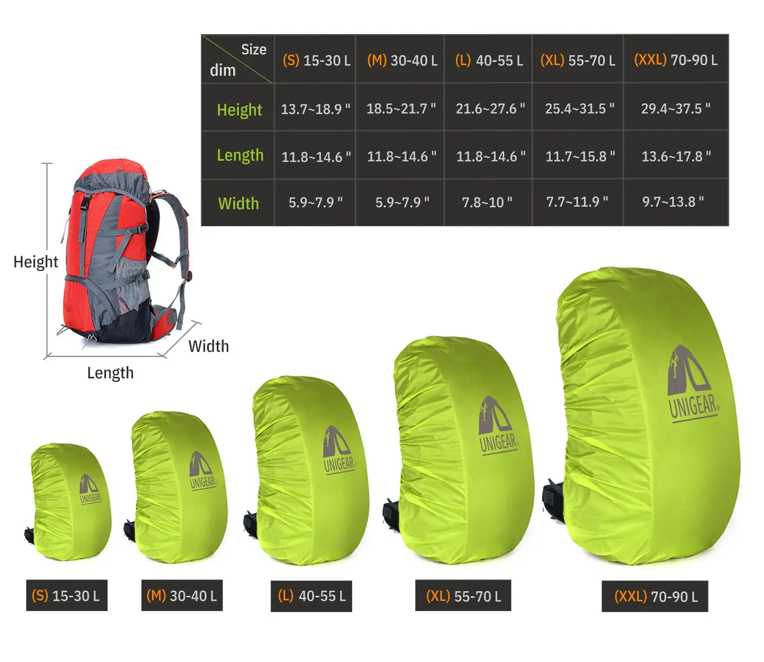 UNIGEAR Waterproof Backpack Rain Cover 5000mm 10L-90L Nylon Reflective Buckle Adjustable for 15L-90L Backpacks