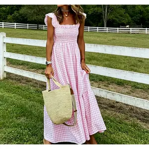 Women's Retro Plaid Smocked Dress Spaghetti Strap Flounce Long Casual Sleeveless Flowy Evening Fashion Basic with Pockets Womenswear Cute Elegant Plus Size Hide Belly Dress
