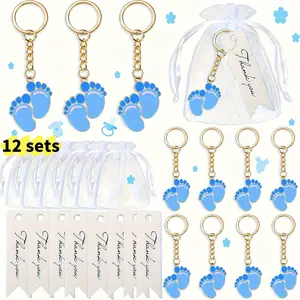 12 Sets of Party Gift Footprint Keychains, Baby Shower Gifts for Guests, Complete with White Organza Bags and Thank You Cards, Suitable for Parties, Gatherings, Birthdays