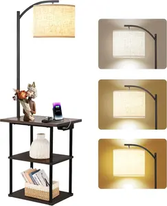 Floor Lamp with Table, End Tables with Charging Station(USB & Type-C & AC Port), 3 Color Temperatures 9W LED Bulb, Modern Shelves Side Table for Bedroom, Living Room
