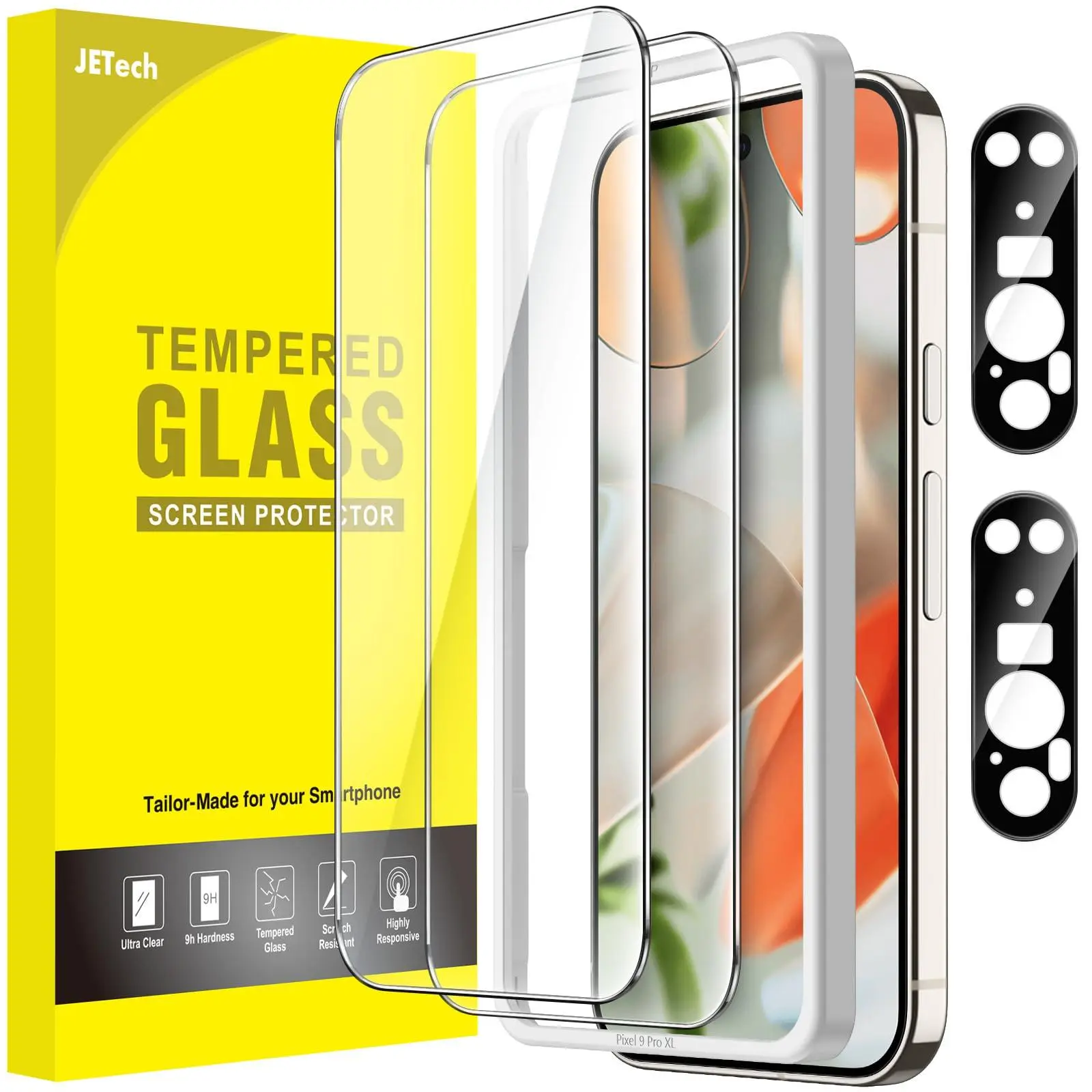 JETech Tempered Glass Screen Protector & Camera Lens Protector for Google Pixel 9 Pro XL Smartphone, Cellphone Devices Accessories with Easy Installation Tool, Fingerprint Compatible, HD Clear, 2-Pack Each