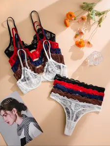 Women's Lace Steel Ring Thin Cup Comfortable Fit Underwear Set, 5 Piece Pure Color Lingerie, Soft and Breathable Bra Set