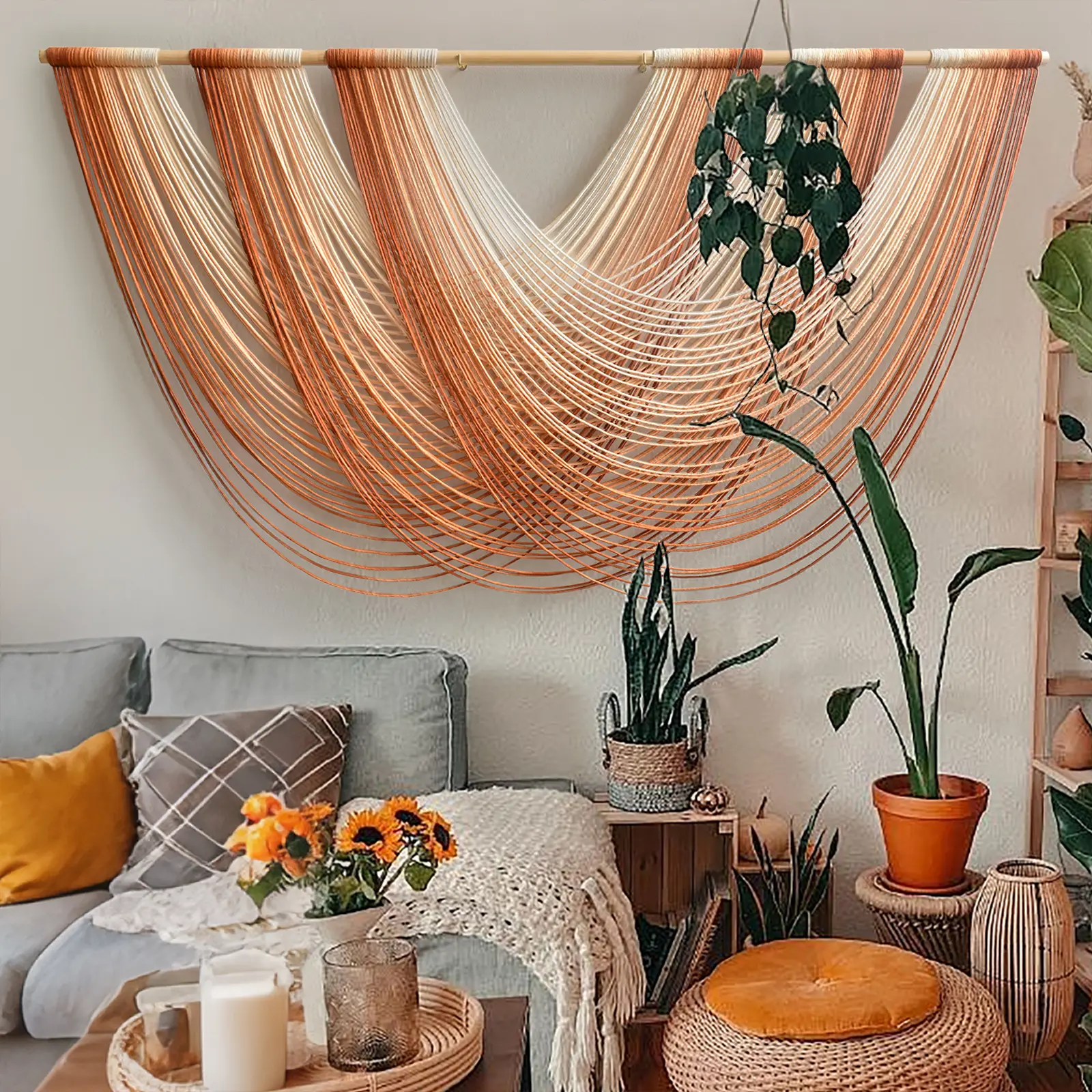Macrame Wall Hanging Orange Boho Fiber Art Large Decor 57" W*31" L
