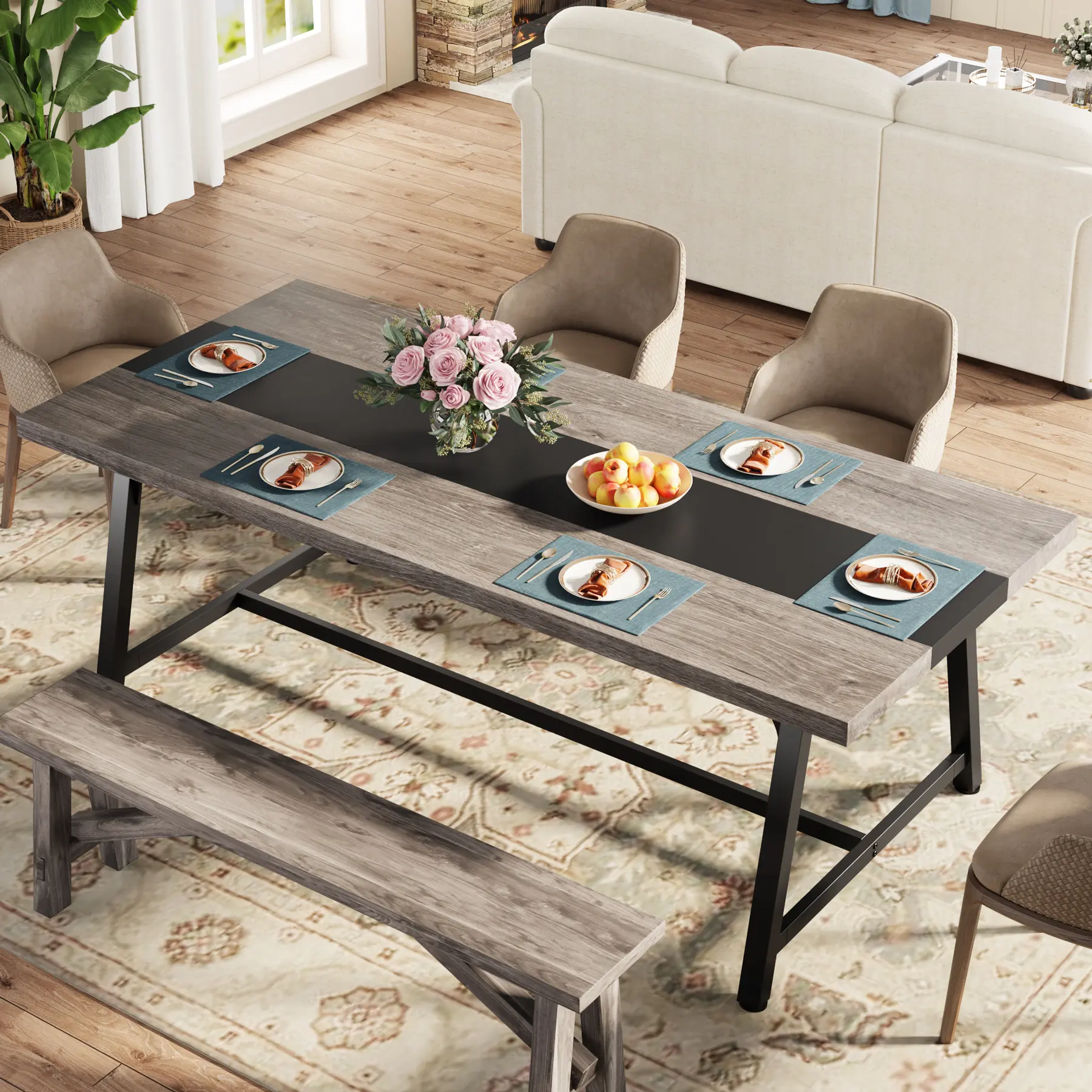 Tribesigns Dining Table for 8 People, 70.87-inch Rectangular Wood Kitchen Table with Strong Metal Frame, Industrial Large Long Dining Room Table for Big Family (Gray, No Chair)