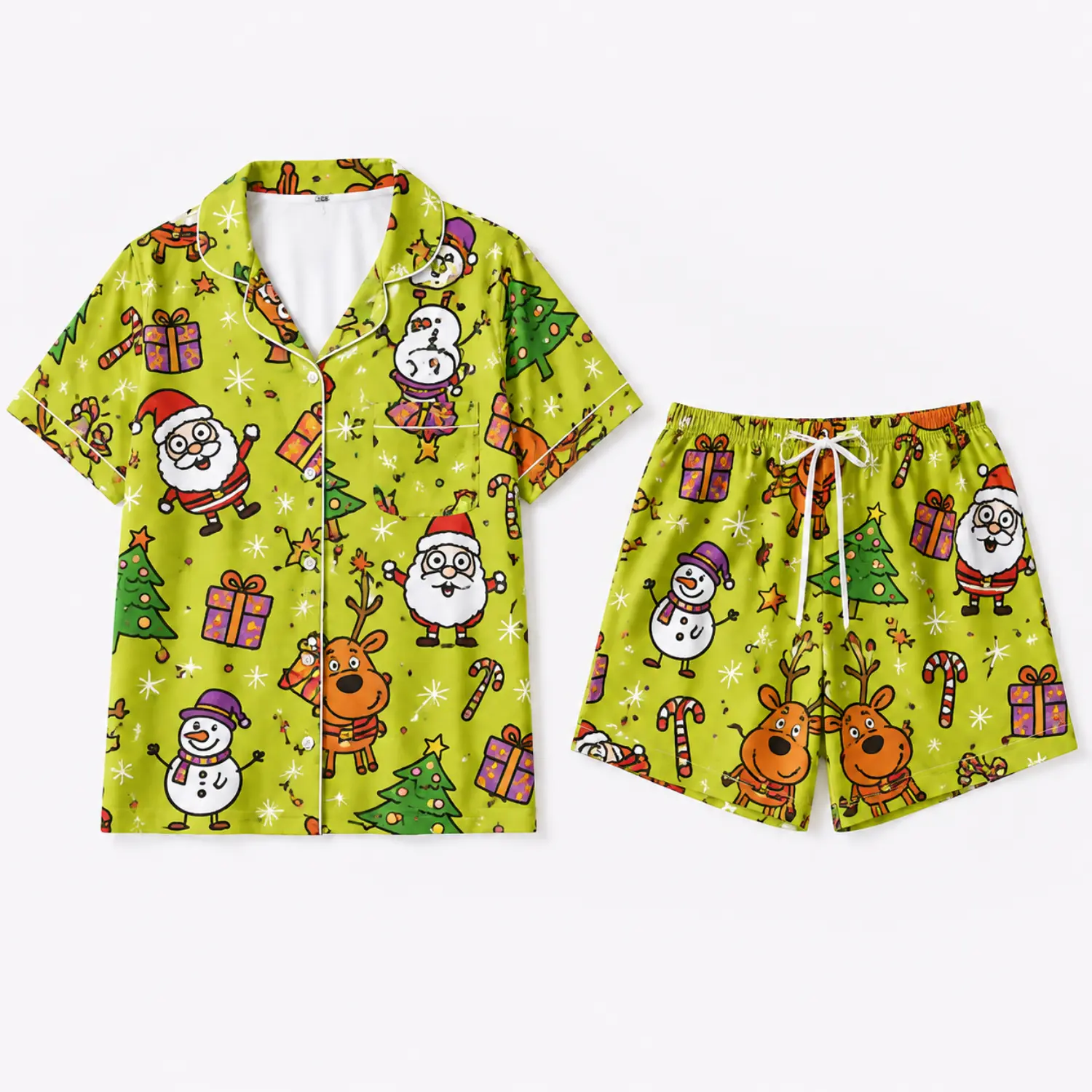 Christmas Cartoon Print Button Front Short Sleeve Pajama Set with Elastic Waist Shorts for Men and Women