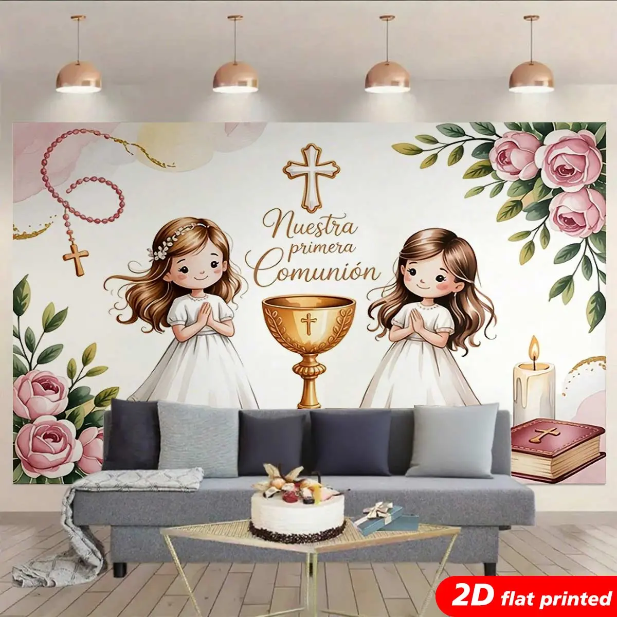 Girls’ Floral Rose First Communion Tapestry Wall Hanging - Durable Polyester Decorative Tapestry, 2D Flat-Printed Designs, Religious Christian Ceremony Backdrop, Home Decor Gift, Decoration, Durable Decorative Tapestry