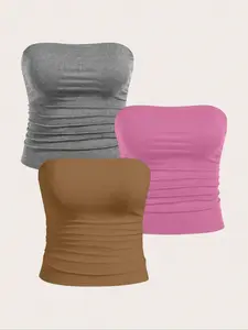 3pcs Plus Size Women's Solid Color Fitted Pleated Tube Top, Summer