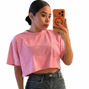 Gali Cropped Full Rhinestone - Versatile Sparkly T-Shirts for Women's Fashion Collection Summer Style